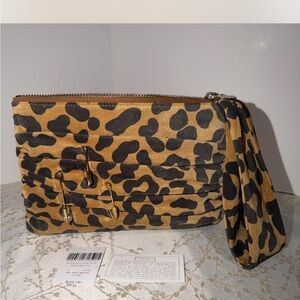 Henri Bendel Leopard Print Haircalf Leather Clutch Wristlet Pouch